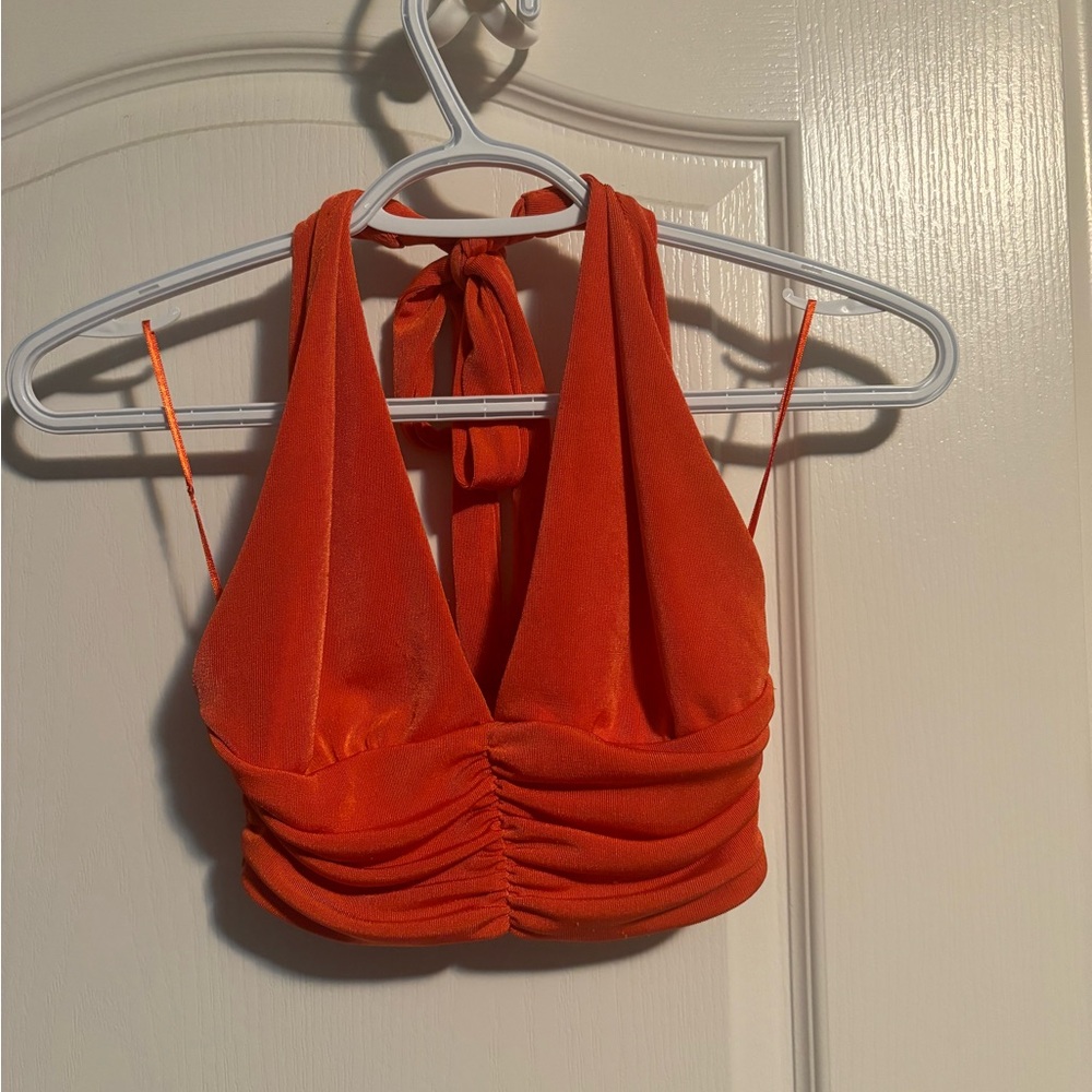 Slinky ruched halter top orange